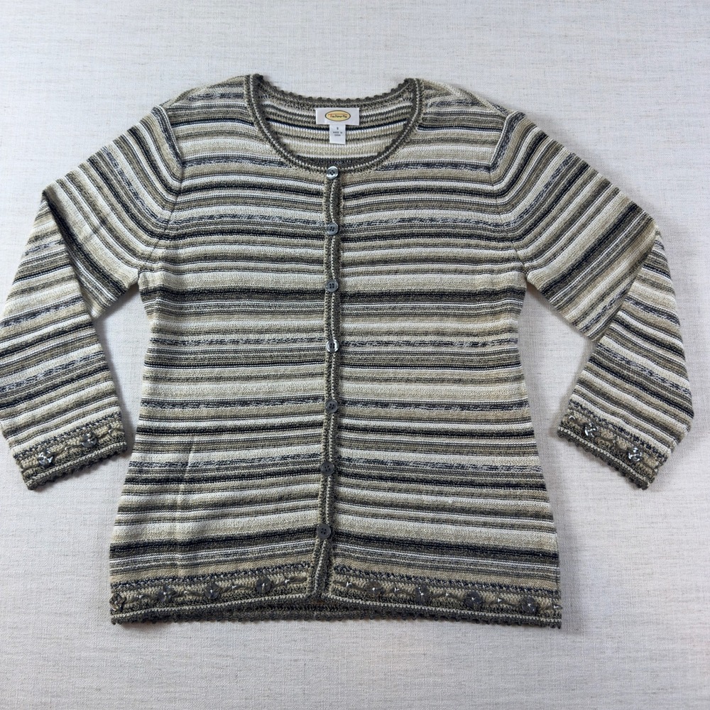 Talbots Womens Striped Cardigan Sweater Tan Olive Scalloped Trim Embellished S